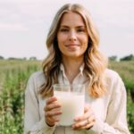 Arta Hanssen holding a glass of plant-based milk, symbolizing health and sustainability.